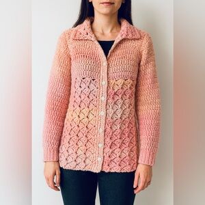 Handmade Button-Front Crochet Cardigan – Soft Pink Ombre – Approx Size XS Petite